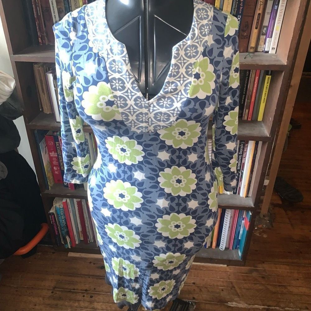 Boden split neck green flower knit vintage inspired dress